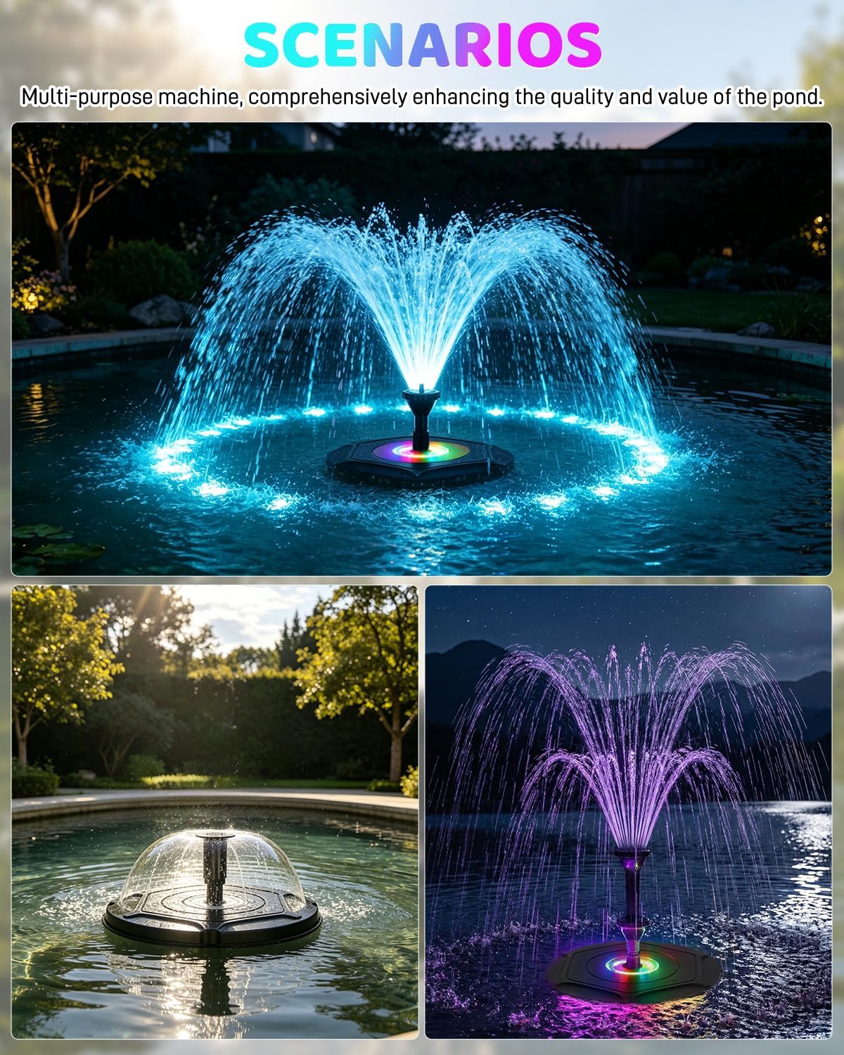 Pond Fountain Aerator with RGB Lights, Floating Pond Fountain Pump with 33FT Power Cord and 3 Nozzles, 792 GPH 45W High-Performance Pump Build in, Suitable for Outdoor Ponds, Garden, Fish Tanks