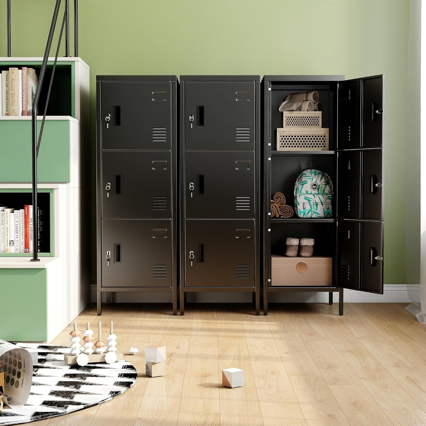 Metal Locker with Ventilation Holes, Metal Storage Cabinet with Lock and Card Slot for Home,School, Office, Garage,47.3" H x 15.8" W x 15.8" D,Assembly Required,Black Black 47.3"-3 Doors