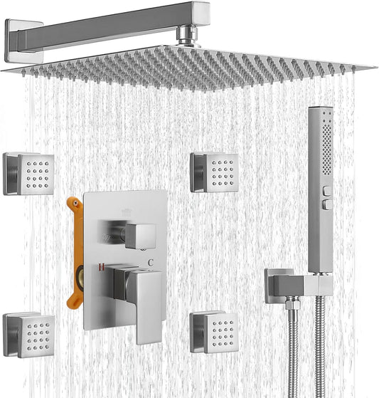 Rainfall Shower System with 4 Body Jets Wall Mounted 4 Mode Shower Faucet Set with 12 Inch Rain Shower Head and 2 in 1 Handheld Spray, Brushed Nickel