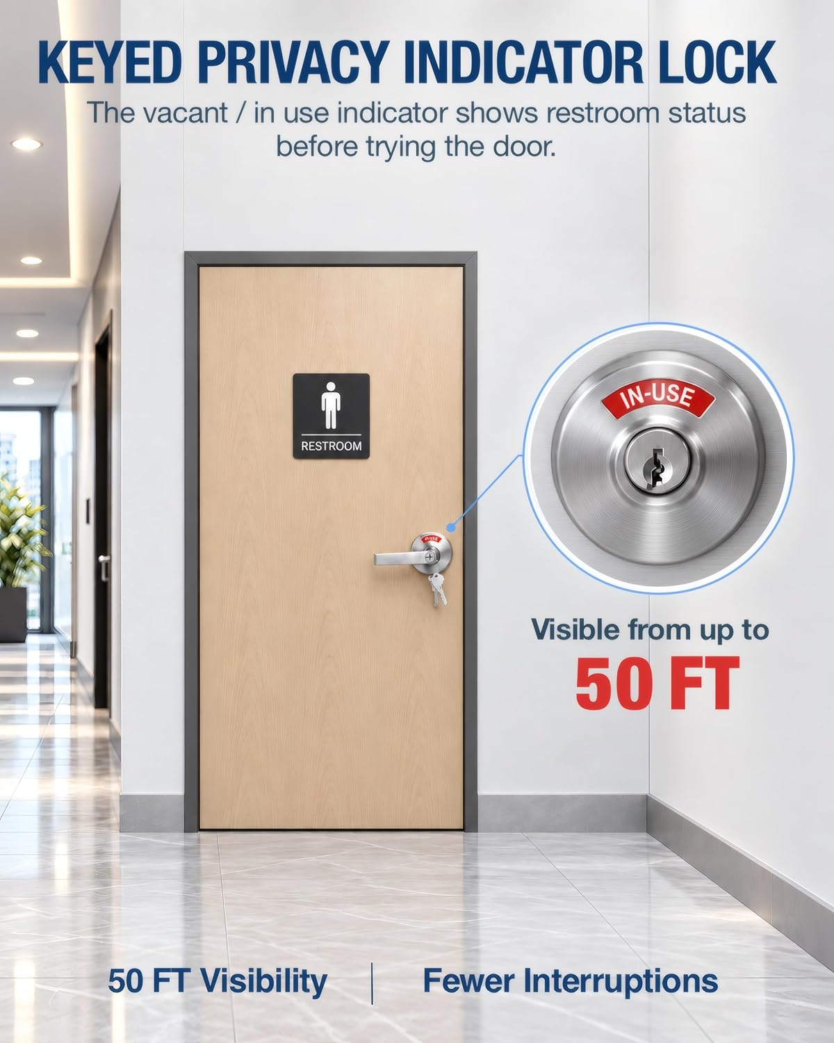 2 Kits Keyed Occupied Door Handle, Commercial Bathroom Door Handle, Vacant Occupied Bathroom Lock for Office, Hospital, Bars, Gyms Restroom (Medium 70mm with 3keys)