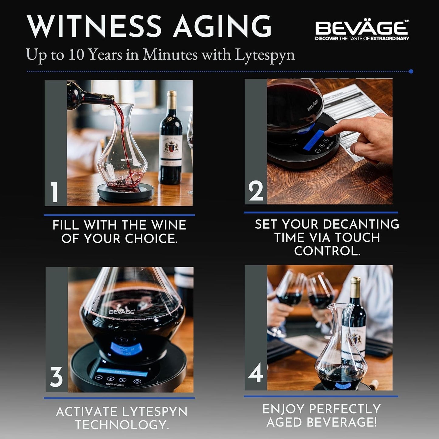 Bevage Pro Electronic Wine/Spirits Aging and Decanting Liquor Decanter by Bevage - Lead-Free Glass Decanter, Cork Catcher, USB-C Battery, Glass