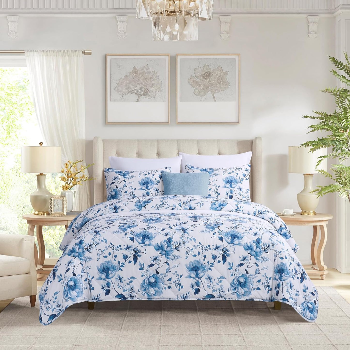 Amlie Home Queen Size Down Alternative Comforter Sets for All Seasons, Full Size Quilt, Garden Floral Farmhouse, 1 Comforter and 2 Pillow Shams, Blue