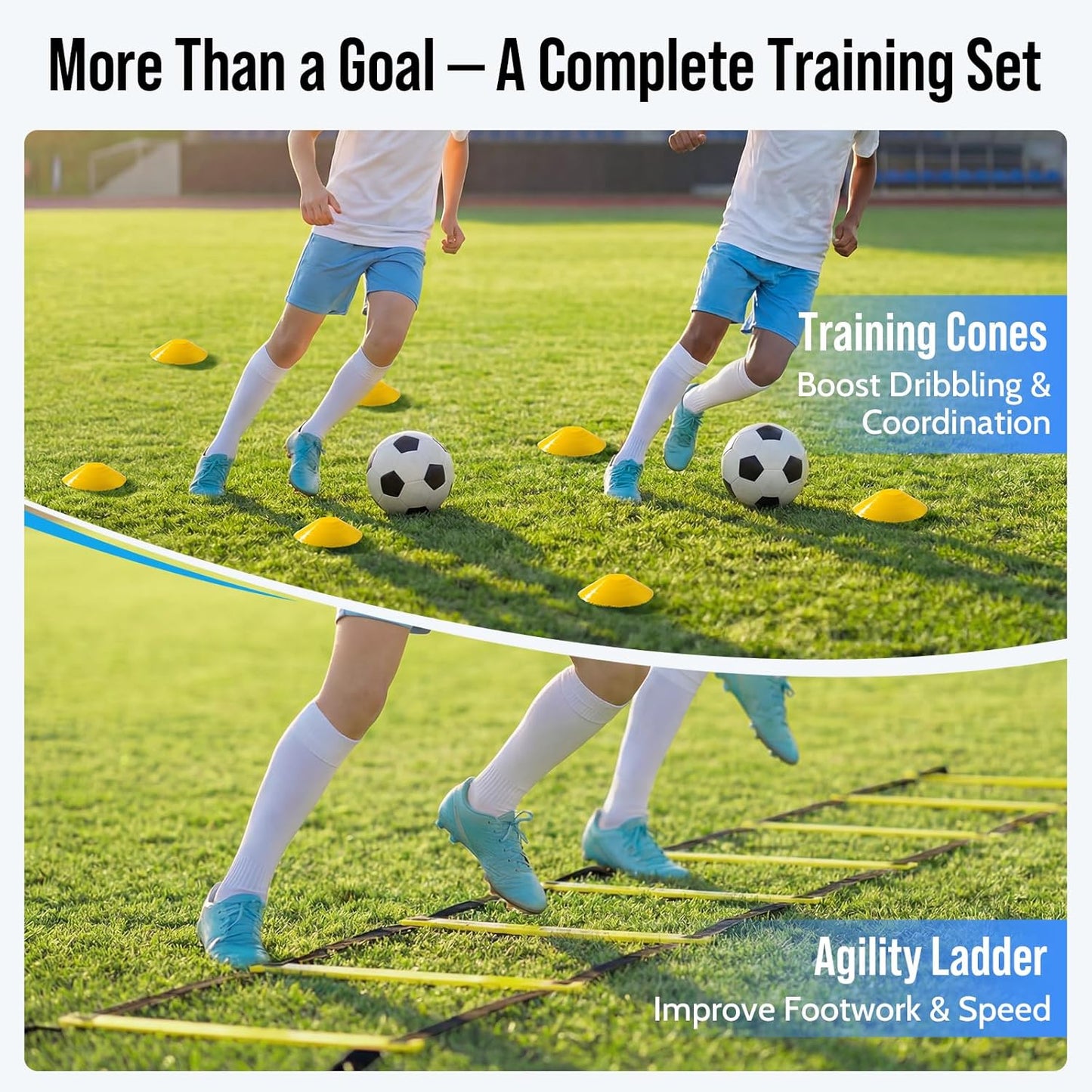 Soccer Goal for Backyard, 8x6/6x4 FT Heavy Duty Soccer Net with Safety Foam Padded Metal Post, Durable Goals with Training Set Agility Ladder & 12 Cones for Youth & Adults Practice 8x6 FT