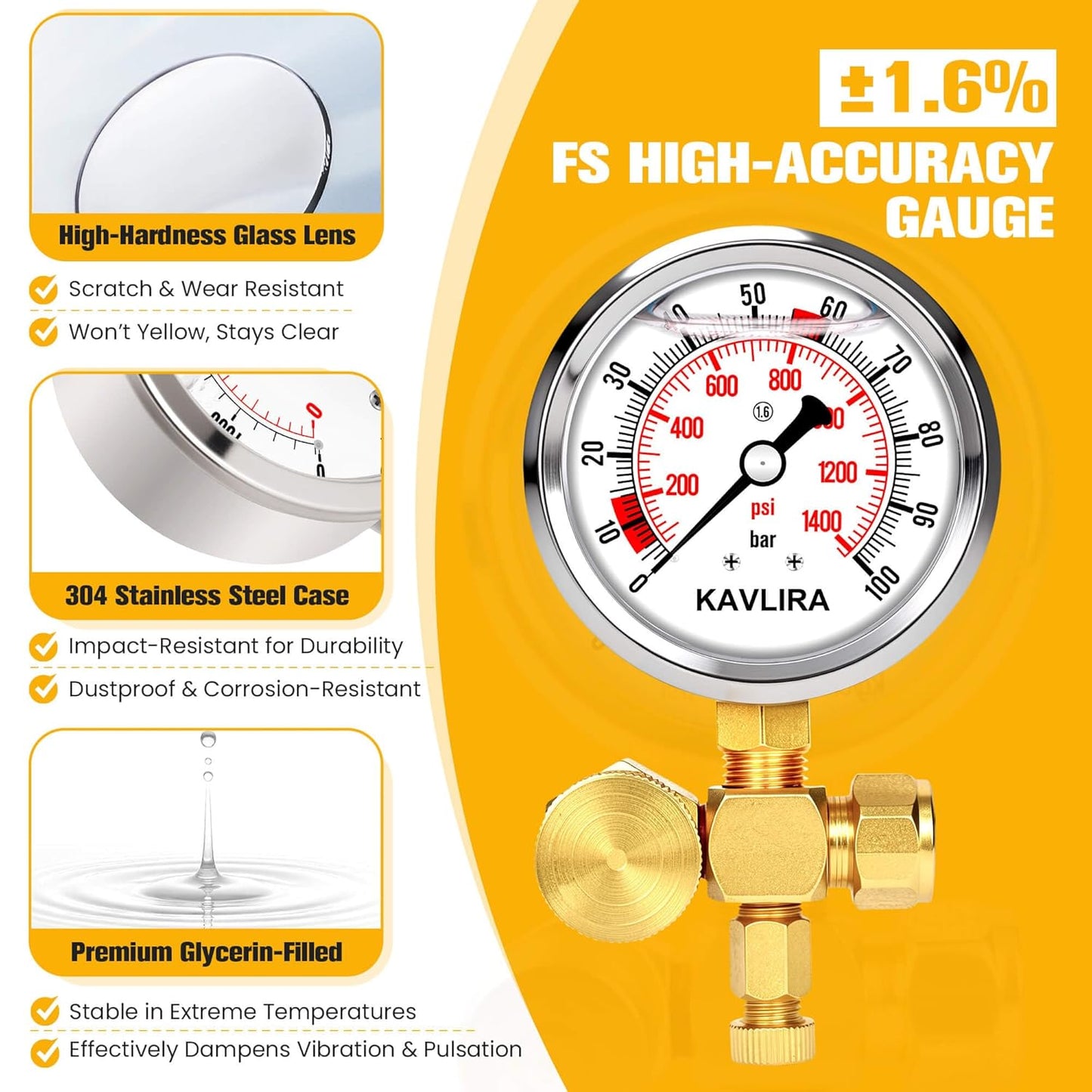 Hydraulic Breaker Nitrogen Charge Kit with Large Gauge, 0–100 Bar / 1420 PSI Hydraulic Hammer Nitrogen Fill Kit with Hose, G5/8 to CGA580 Adapter for Excavators, Post Drivers & Heavy Equipment Breaker Kit