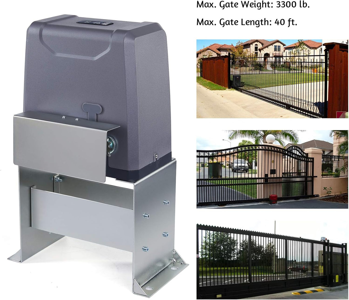 Complete Gate Operator Hardware Security System Kit for Sliding 3300lbsGates Up to 40 Feet, Automatic with Two Remote Controls, Electric Rolling