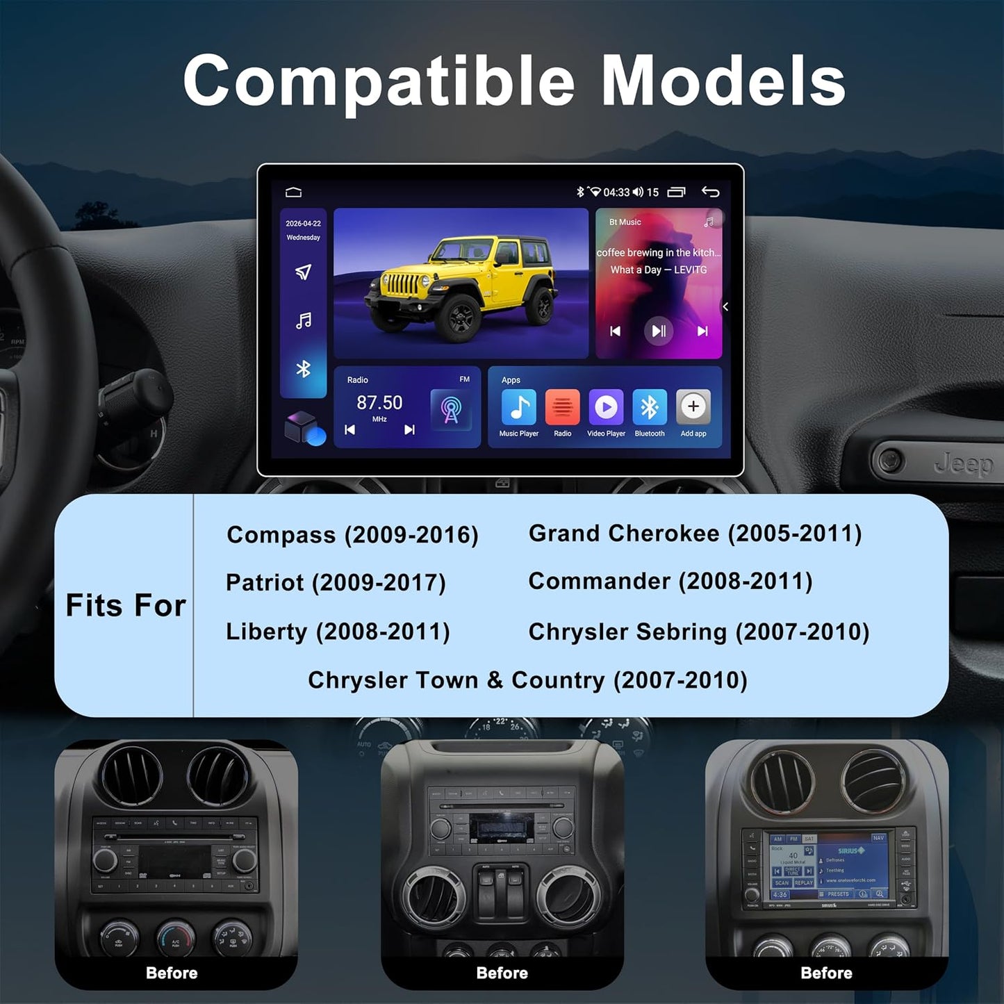 11.5 Inch 8 Core 4GB+64GB Car Radio Stereo for Jeep Wrangler JK Compass Grand Cherokee Dodge Ram, 2K Touchscreen Android 13 Head Unit with Wireless CarPlay & Android Auto, Backup Camera, AM/FM Radio