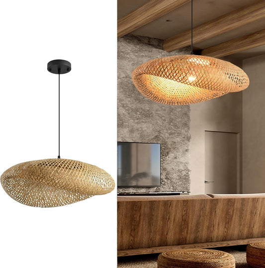 LHJIHFU Bamboo Pendant Light, Hand Woven Natural Bamboo Pendant Ceiling Light Fixture 1 Light Kitchen Island Dining Room Living Room Farmhouse Home