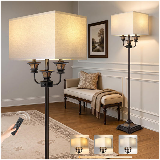 Scenekoy Dual Head Floor Lamp with Remote for Living Room, Antique Brown | Vintage Standing Lamp, Stepless Dimmable & 3 Color Temperature, 1H Timer, Double Layer Linen Shade, Aesthetics Home Decor Rectangular