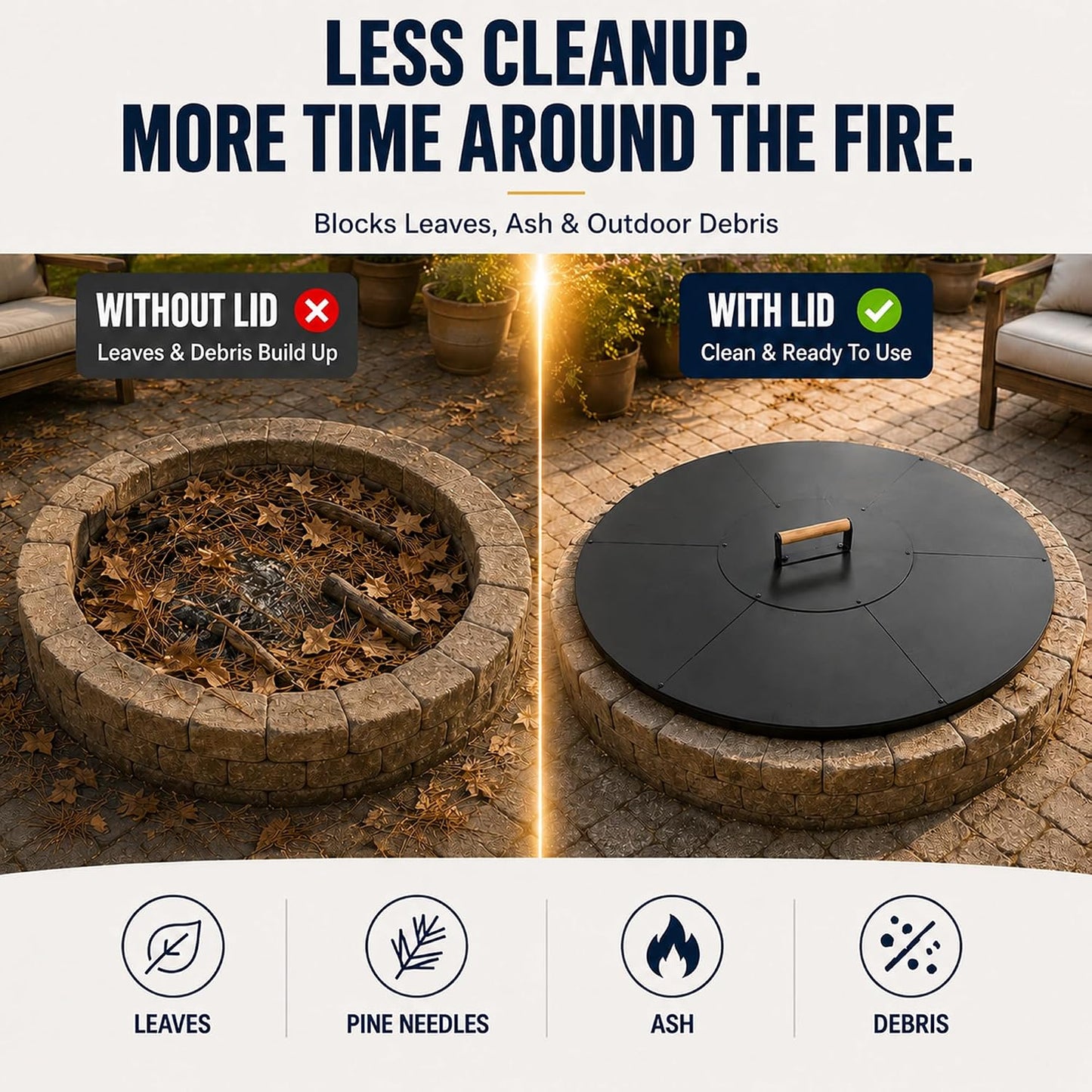 34 in Round Fire Pit Lid, 1.5 mm Steel Cover with Wooden Handle | Metal fire pit cover for outdoor patios and backyards, 34 in round lid with 1.5 mm steel construction and wooden handle