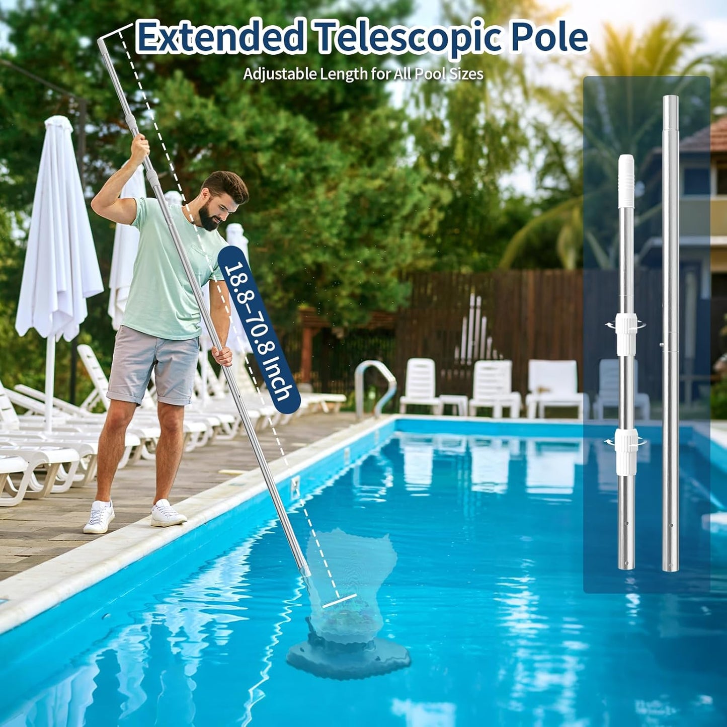 Pool Leaf Vacuum with Telescopic Pole, Rechargeable Cordless Pool Skimmer for Inground & Above Ground Pools with 83GPM Powerful Suction & 6.6Gal Leaf Catcher Bag for Heavy Debris Areas