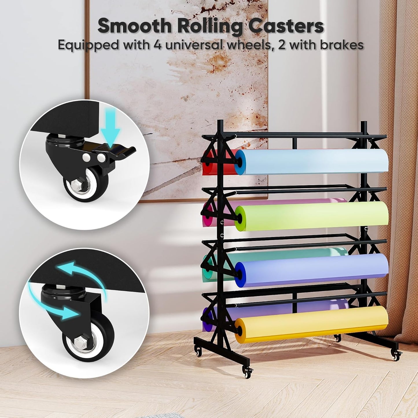 Large Paper Roll Holder Heavy Duty Paper Roll Dispenser and Cutter Holds Eight 36" Wide x 9" in Diameter Rolls Mobile Rolling Organizer for Kraft Butcher Craft Wrap Paper Roll Cutter