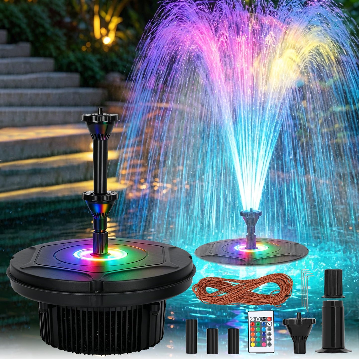Pond Fountain Aerator with RGB Lights, Floating Pond Fountain Pump with 33FT Power Cord and 3 Nozzles, 792 GPH 45W High-Performance Pump Build in, Suitable for Outdoor Ponds, Garden, Fish Tanks