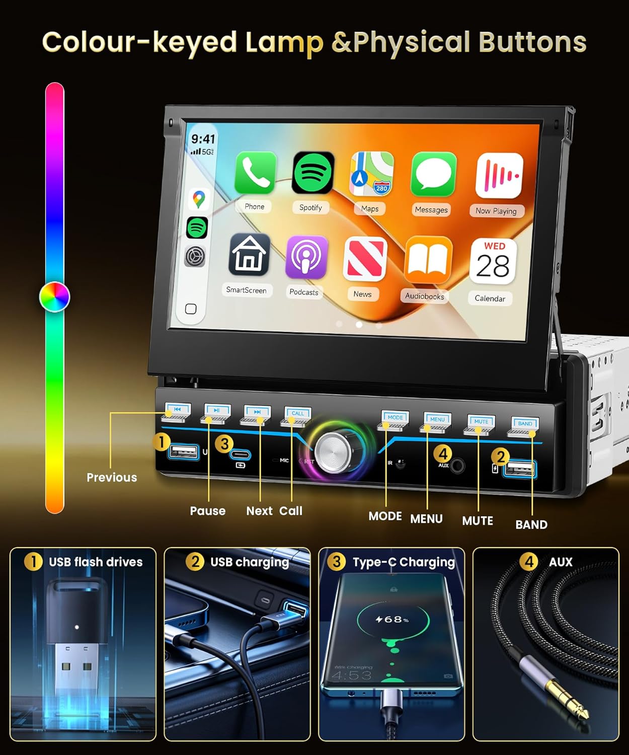 7'' Single Din Car Stereo with Piano Keys,Wireless CarPlay Android Auto,HD IPS Manual Telescopic Touchscreen Radio with Bluetooth,FM Radio Receiver Support USB/Type-C,Mirror Link,Backup Camera