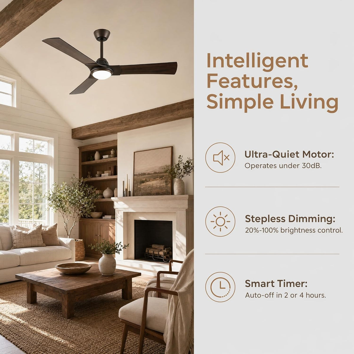52 Inch Ceiling Fan with Light, DC Motor 52 inches Double Wood Grain