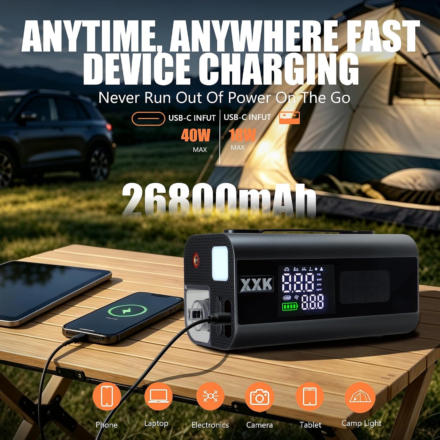 9000A Car Jump Starter with Air Compressor, Vacuum & 26800mAh Battery Pack