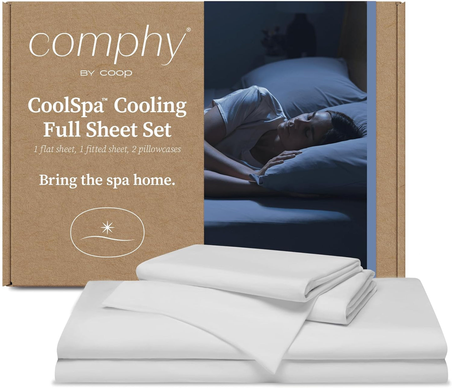 Comphy by Coop CoolSpa Cooling Bed Sheets, 4 Piece Full Sheet Set, White Breathable Cooling and Super Soft Sheets, Luxury Spa