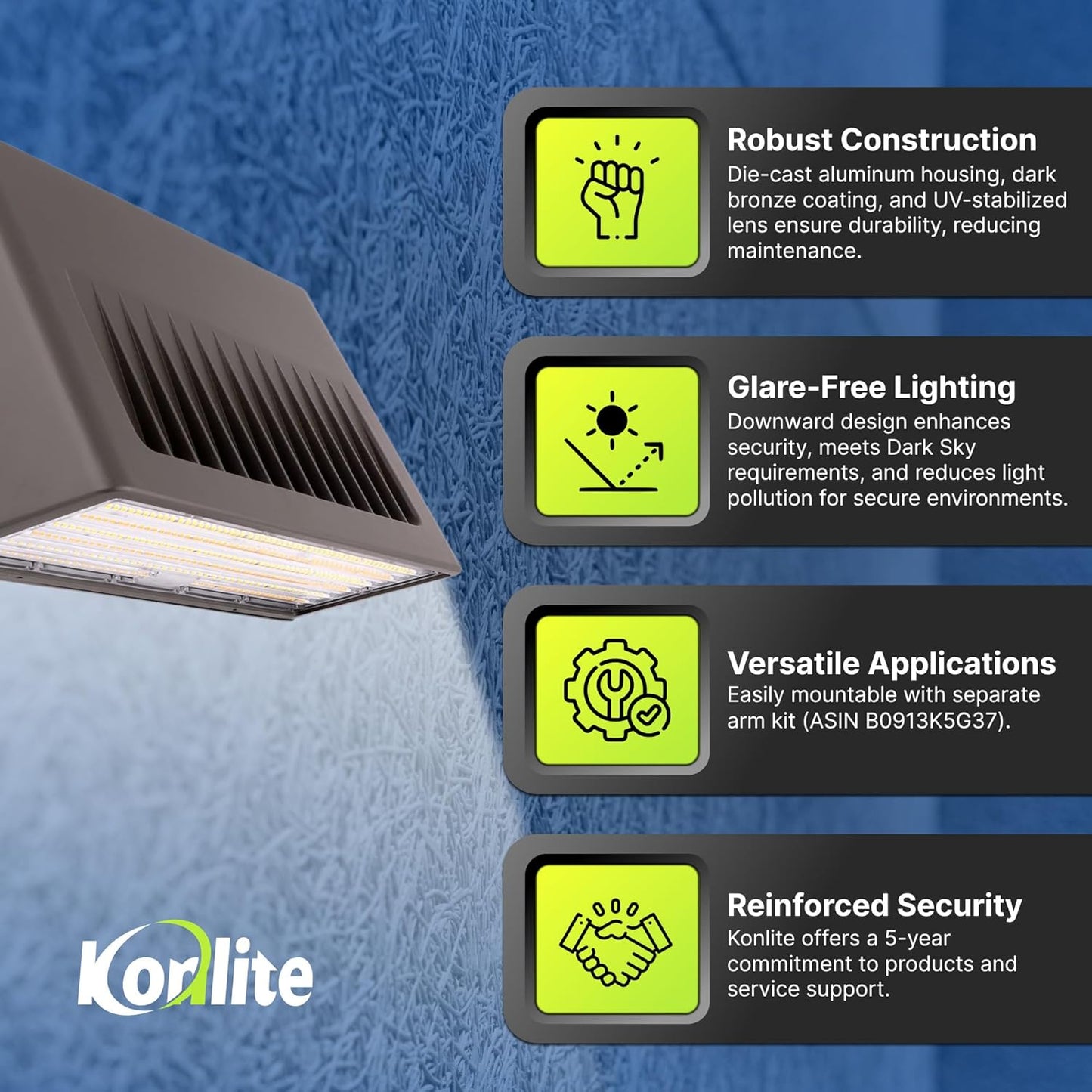 Konlite - 125W/105W/76W Full-Cutoff LED Wall Pack, Wall LED Lights, Wattage & CCT (50K/40K/30K) Selectable, LED Wall Light, Energy Efficient,