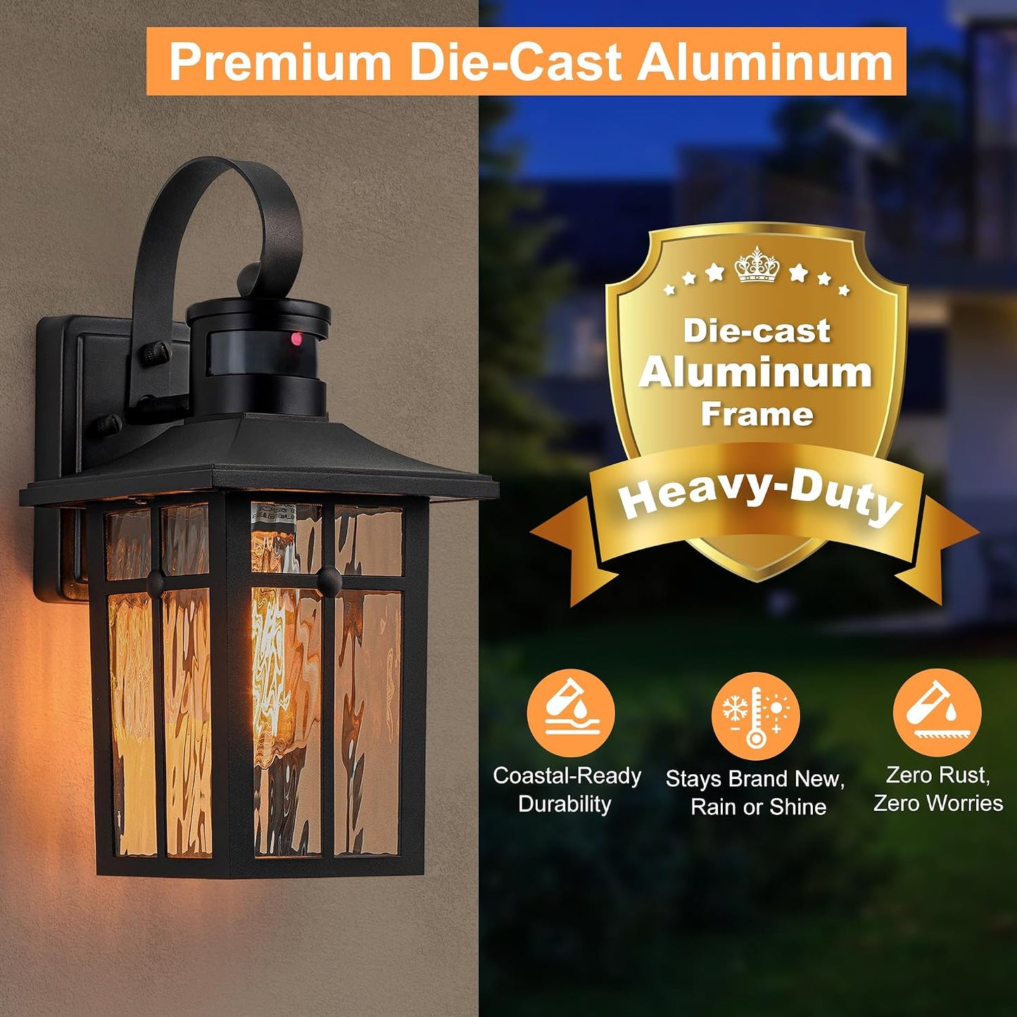 Aluminum Motion Sensor Outdoor Wall Sconces with Ripple Glass, 2P