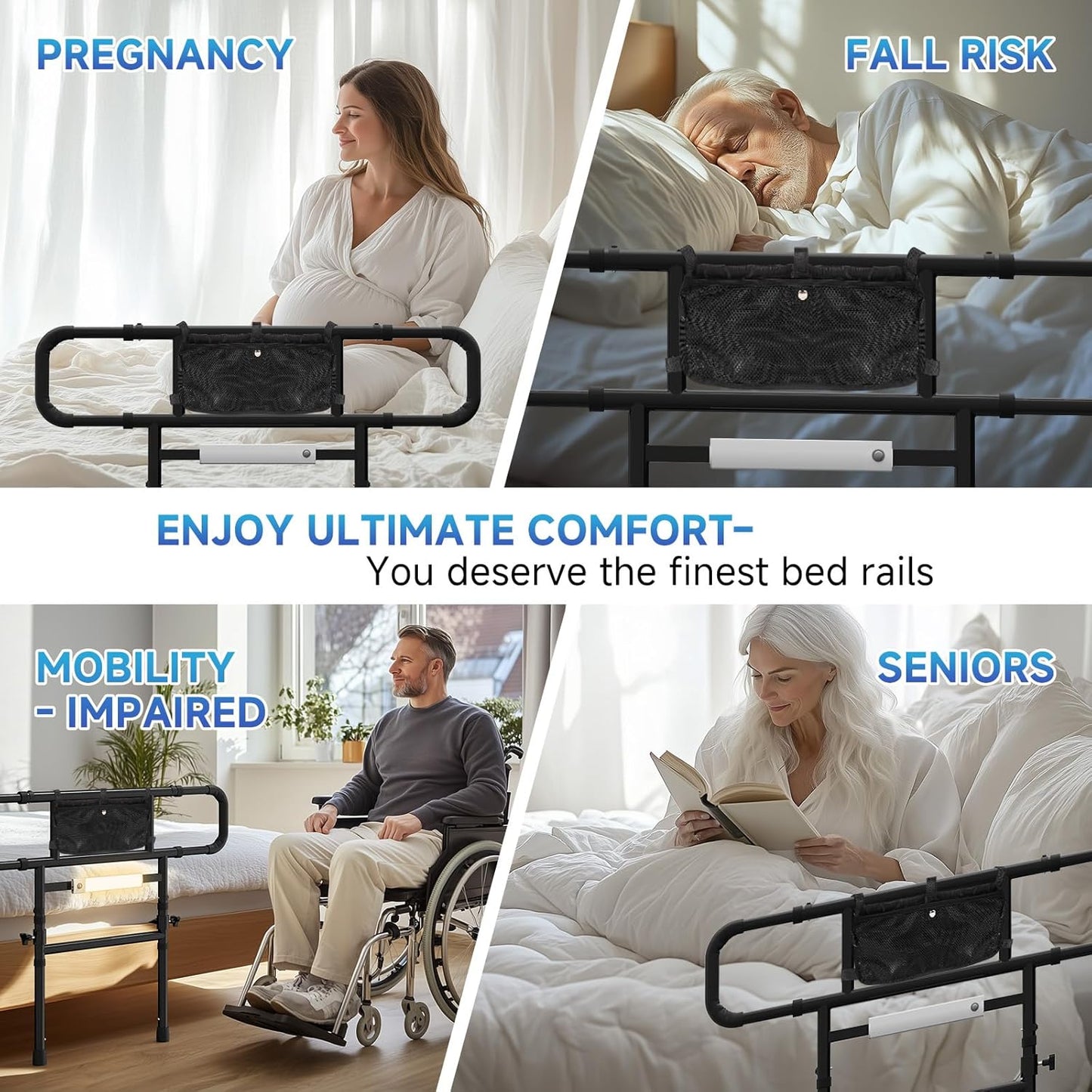 Bed Rails for Elderly Adults Safety-Adjustable Heights&Extendable Bed Side Rail with Leg,Storage Pocket,Motion Sensor Light,Foldable Bed Assist Grab