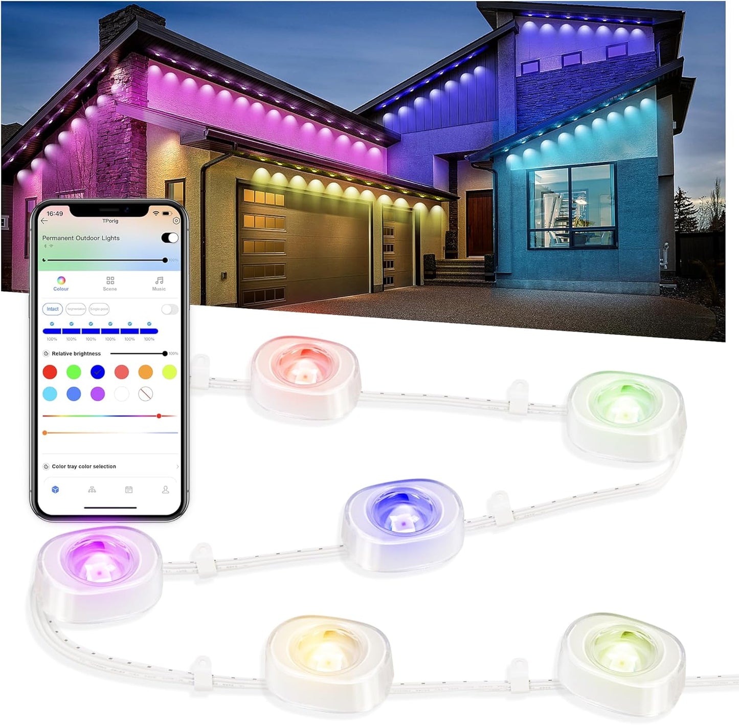 Permanent Outdoor Lights for House, 100ft Smart RGBIC Outside Lights with 72 Scene Modes, IP67 Waterproof Eaves Lights for Christmas All Holiday