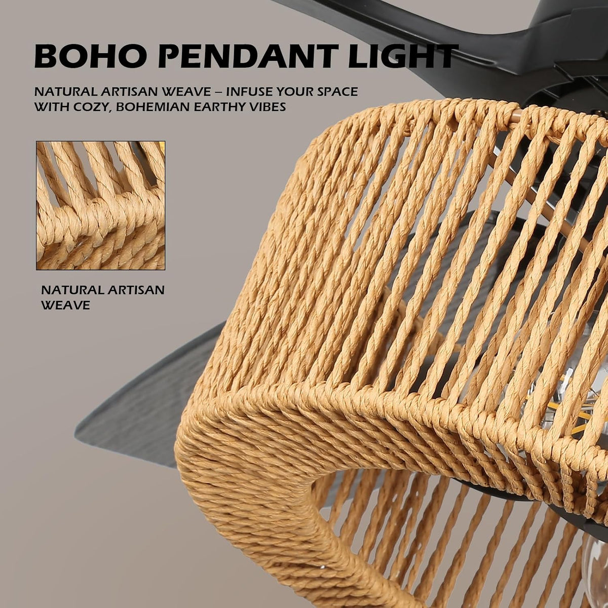 52In Boho Fandelier Ceiling Fan with Light, Hand-Woven Rattan Shade Beige