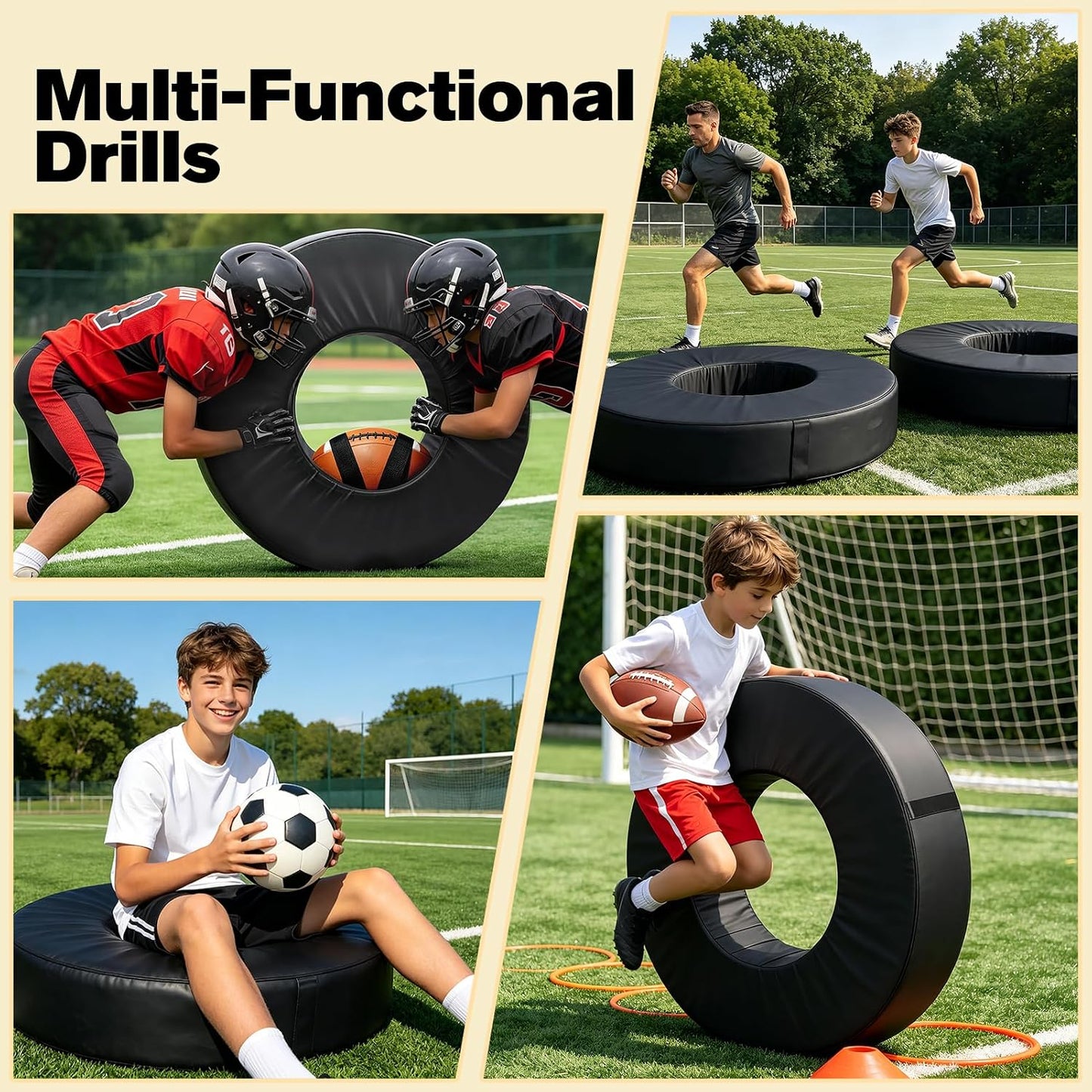 42 in Football Tackle Wheel with Heavy Duty PU Leather Cover | High-Density Foam Tackle Ring with Portable Handle Waterproof Tackling Dummy for Youth Practice Black