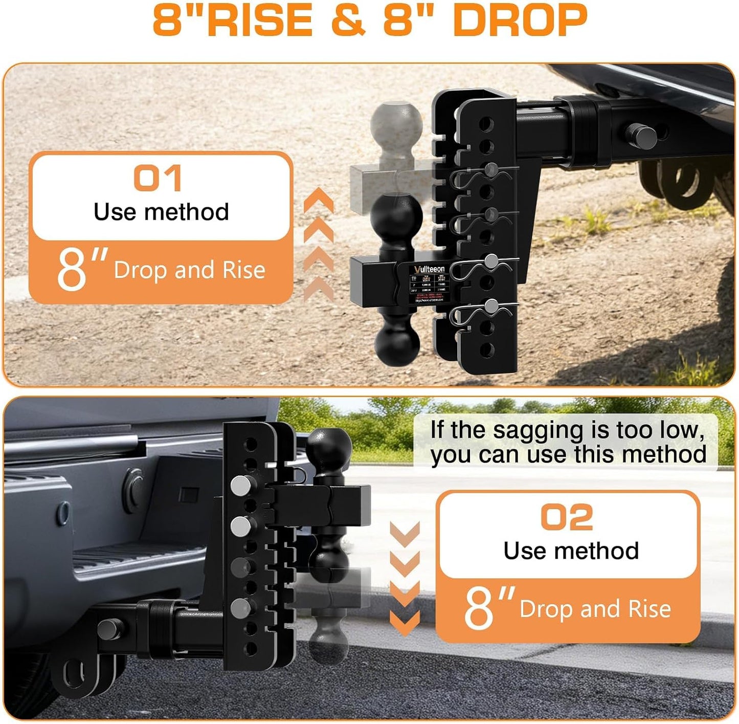 2026 Vullteeon Adjustable Trailer Hitch - Drop Hitch for 2.5 Inch Receiver, 8" Drop/Rise, (2" & 2-5/16") Ball Hitch for Truck, 22000 LBS GTW, Slot - Fit & Anti-Rattle Design Tow Hitches