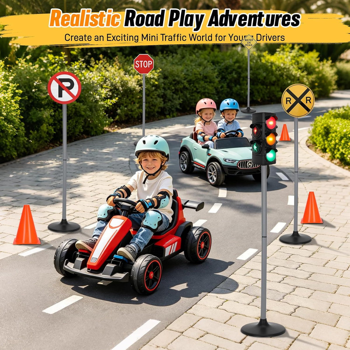 Large Traffic Signs Playset (36PC Set), 42in Tall Street Sign and Traffic Light Set for Kids, Educational Road Signs for Ride-On Cars, Bikes, Indoor/Outdoor Play