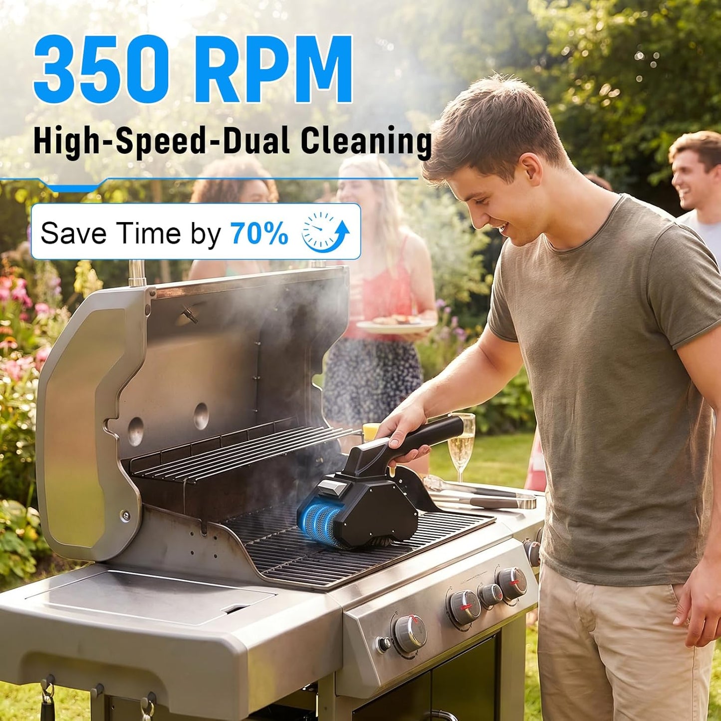 Electric Grill Brush, 350 RPM BBQ Grill Cleaner with Dual Cleaning Heads, Black, 2600mAh Rechargeable Power Grill Scrubber for Outdoor Flat Top, Cast Iron, Barbecue Grates, Black