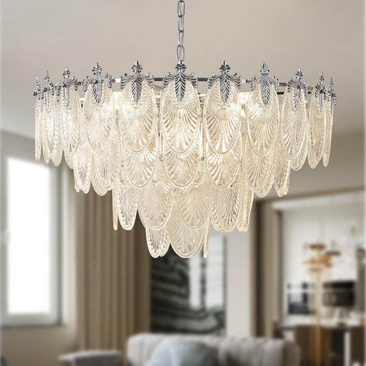 KELUOLY Modern Large Chandeliers, 4-Layer Chrome Crystal Glass Chandelier, 12 Light Round Antique Pendant Light, 31.5 inches Adjustable