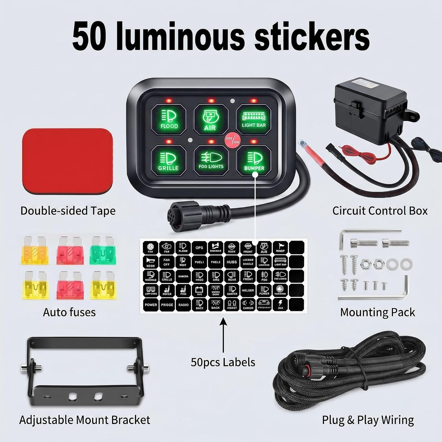 6 Gang Switch Panel 12V, Auto Dimmable for Truck SUV RV UTV | RGB 3-Color Backlight, Over-Current Protection, ABS Aluminum, 60A 720W Relay Box, Fits Cars Pickups Off-Road Trailers