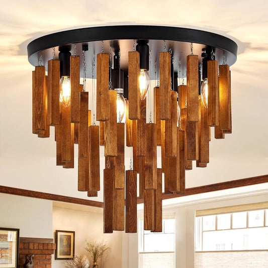 brfaixla Farmhouse Wooden Ceiling Light Fixture 9-Light 19.7'' Rustic Wood Ceiling Chandelier with 9*E12 Lamp Socket for Kitchen Living Dining Room