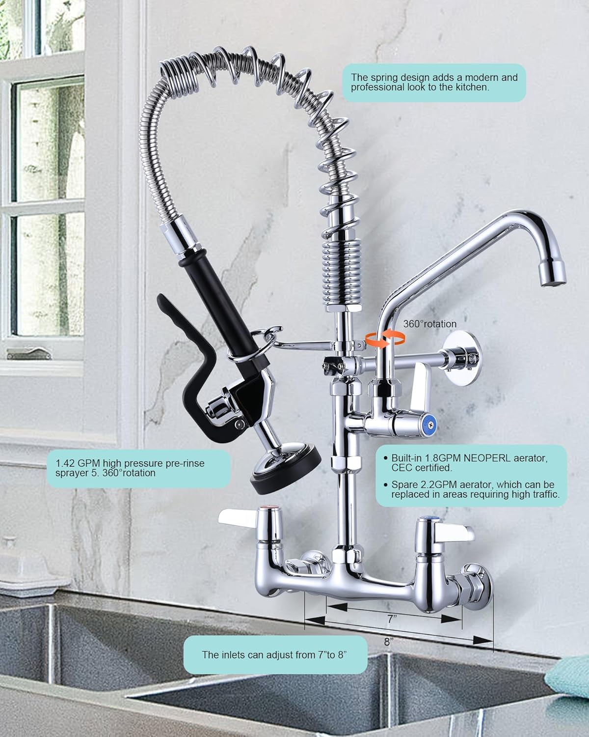 WOWOW Commercial Faucet with Pre-Rinse Sprayer, Wall Mount Kitchen Faucet 8 Inch Adjustable Center Kitchen Sink Faucet with 21 Inch Height, 12 Inch