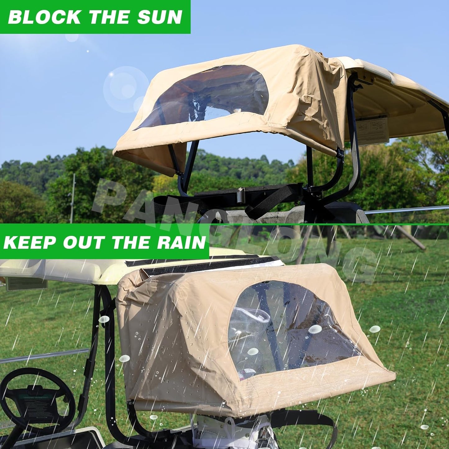 Panglong Universal Golf Cart Rear Bag Rain Cover with Bracket Kit (Beige), Suitable for Club Car, EZGO and Yamaha 2- Seater Golf Cart