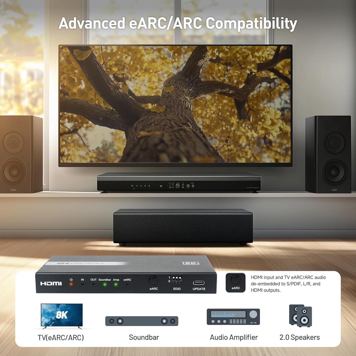 Cable Matters HDMI 2.1 Audio Extractor with eARC, Dolby Atmos, DTS, HDMI to Optical Adapter for TV, Amplifier, Works with Sonos, Samsung Soundbars, Max 5.1 Ch for Optical, No PS3, Xbox 360 Support