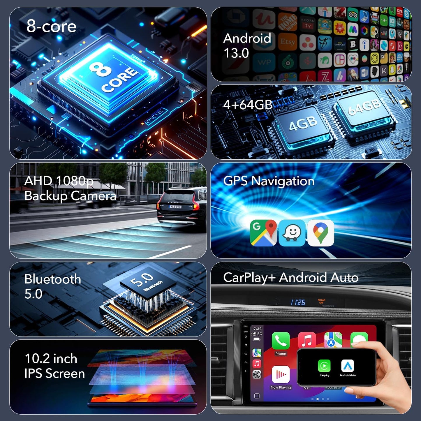 10.2'' Android 13 Car Radio Stereo for Toyota Highlander 2014-2019, Plug and Play Head Unit with CarPlay & Android Auto/1080P Backup Camera/AM FM Radio 10.2'' QLED TOUCHSCREEN