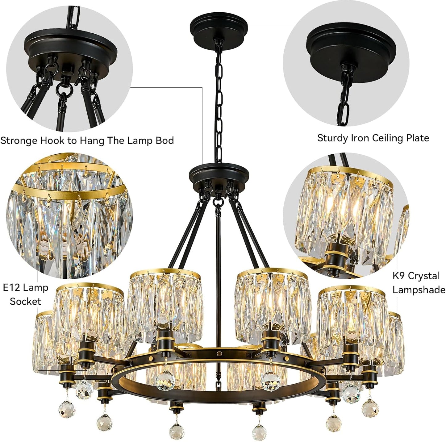 LBSQJ Dining Room Light Fixture Semi Flush Mount Ceiling Light Fixture Lndustrial Farmhouse Chandeliers Black Gold Crystal Chandelier Iron Pendant