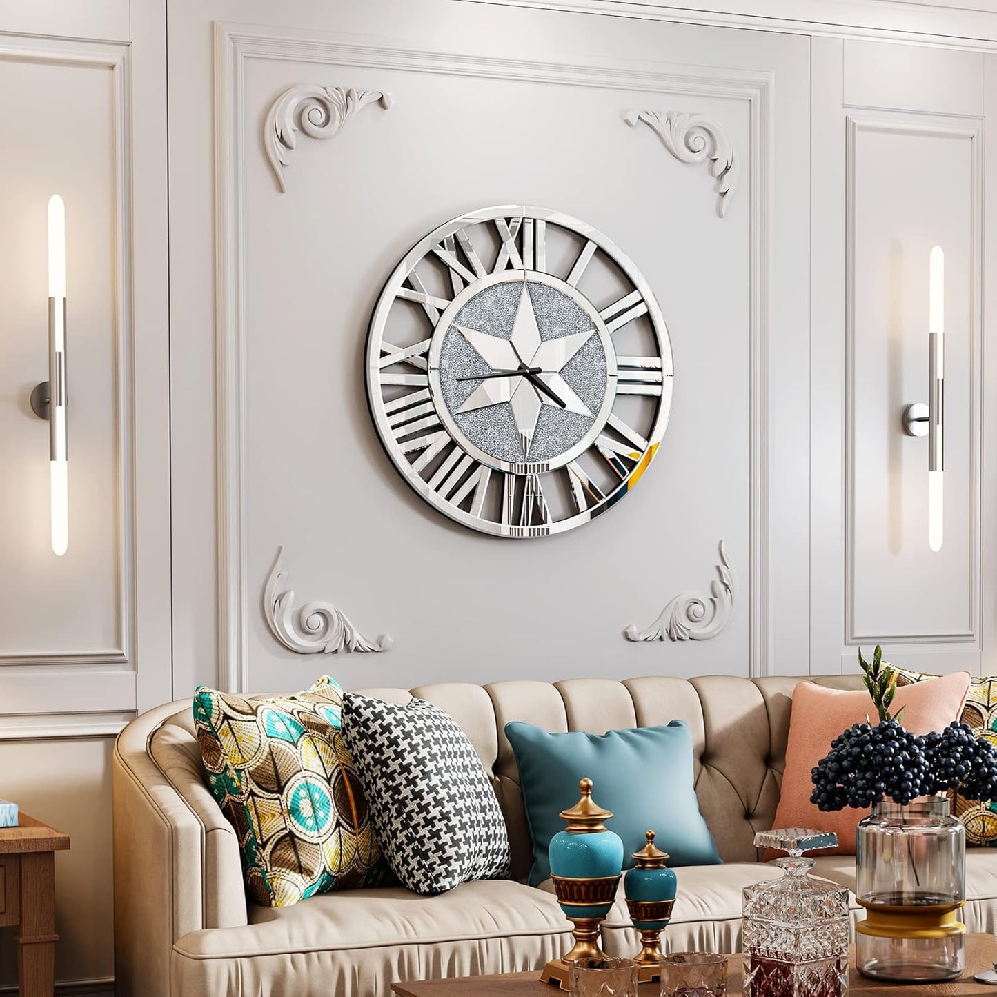 Artloge Round Mirrored Wall Clock: 24 inch Big Decorative Clock with Silver Glass Beveled Bling Crystal Edge Frame, Home Kitchen Modern Art Decor for