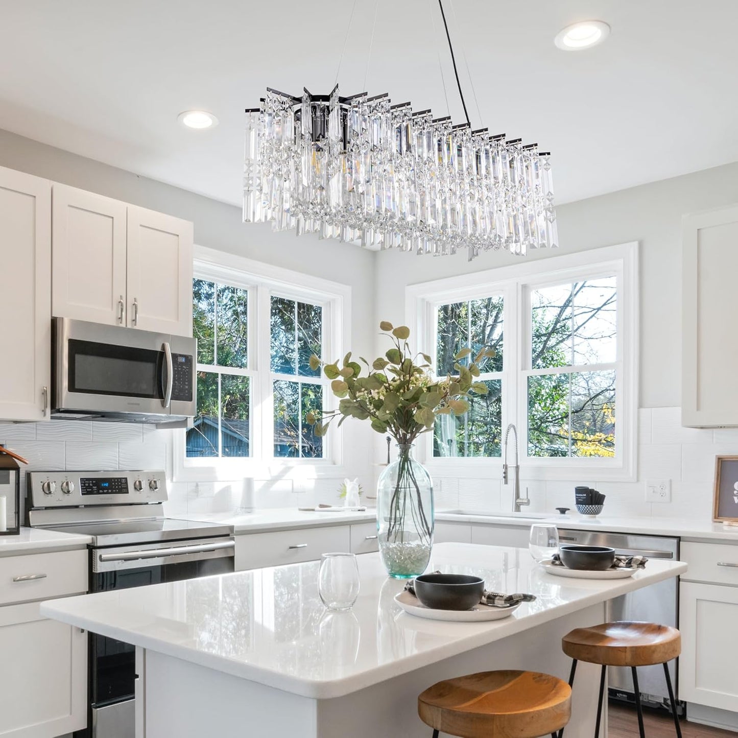 Crystal Chandelier 39'L Kitchen Island Lighting, Black Oval Chandelier over Kitchen Island Modern Hanging Ceiling Fixture