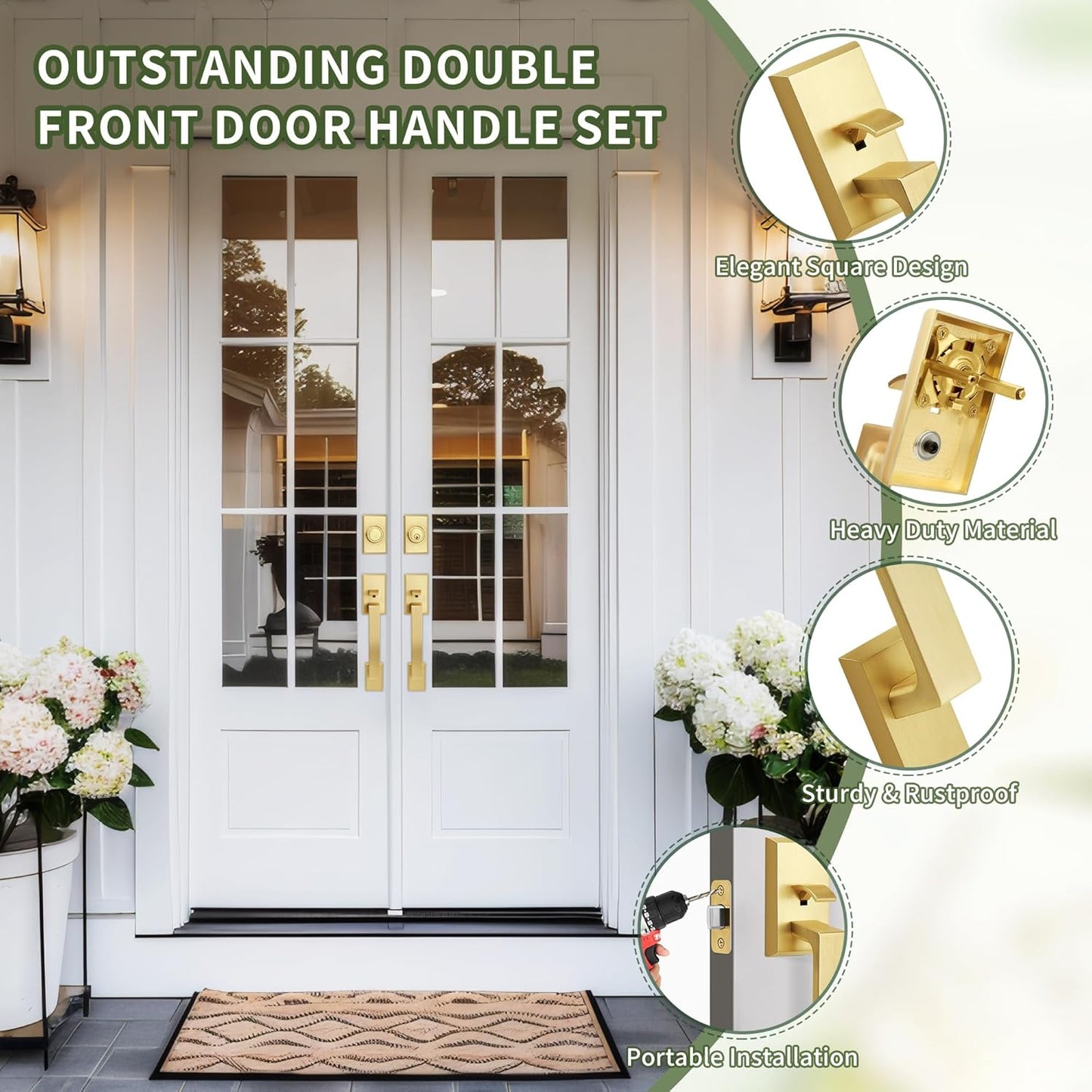 Double Front Door Lock Set, Brushed Gold Square Front Door Hardware Set with Dummy, Heavy Duty