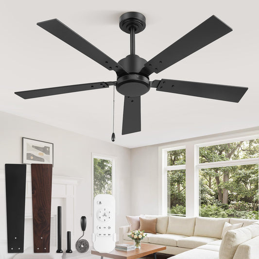 ZMISHIBO 52 Inch Ceiling Fan No Light with Pull Chain, Modern Ceiling Fan without Lights, 6-Speeds, Quiet DC Motor, Remote Control, Black Ceiling Fan for Bedroom, Living Room, Indoor/Outdoor Use Black 52 Inch