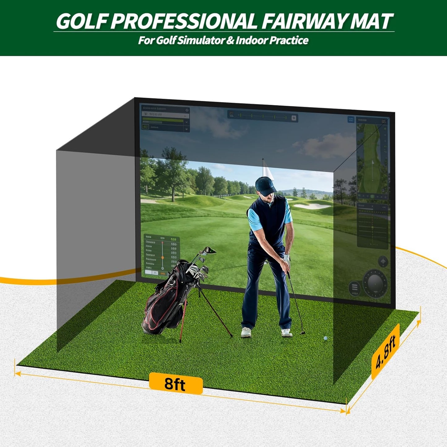 Golf Simulator Turf Mat, 15 mm 8/10/12ft Golf Mat for Indoor Home Setups, Golf Putting Mats Practice Outdoor Training Golf Hitting Mat for Putting Practice Football Sports Gym Backyard 8FTx4.8FT