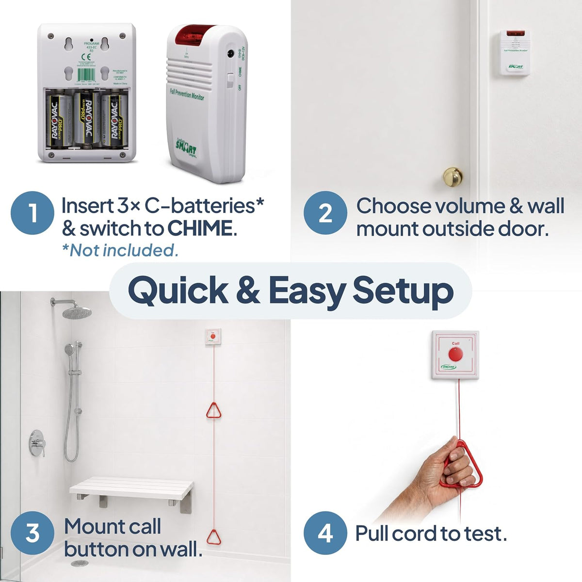 Smart Caregiver Wireless Pull Cord Call Button & Alert Monitor for Elderly