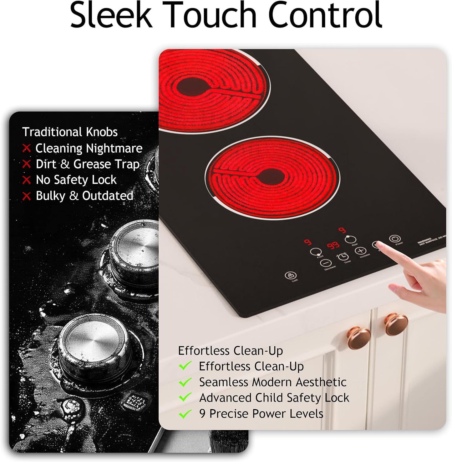 FIREGAS 12 Inch Electric Cooktop 2 Burners,220V-240V Hardwired Built-in Electric Stove Top with Matte Black Glass,3000W Sensor Touch Control,9 Power Levels,Timer & Child Lock for Apartments,ADUs