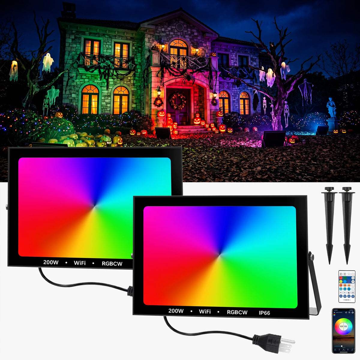 RGB LED Flood Light Outdoor 2000W Equivalent, 200W RGBCW Smart Floodlights with APP & Remote Control, 16 Million Color Changing, Timing, DIY Scenes, IP66 Waterproof Landscape Light (2 Pack)