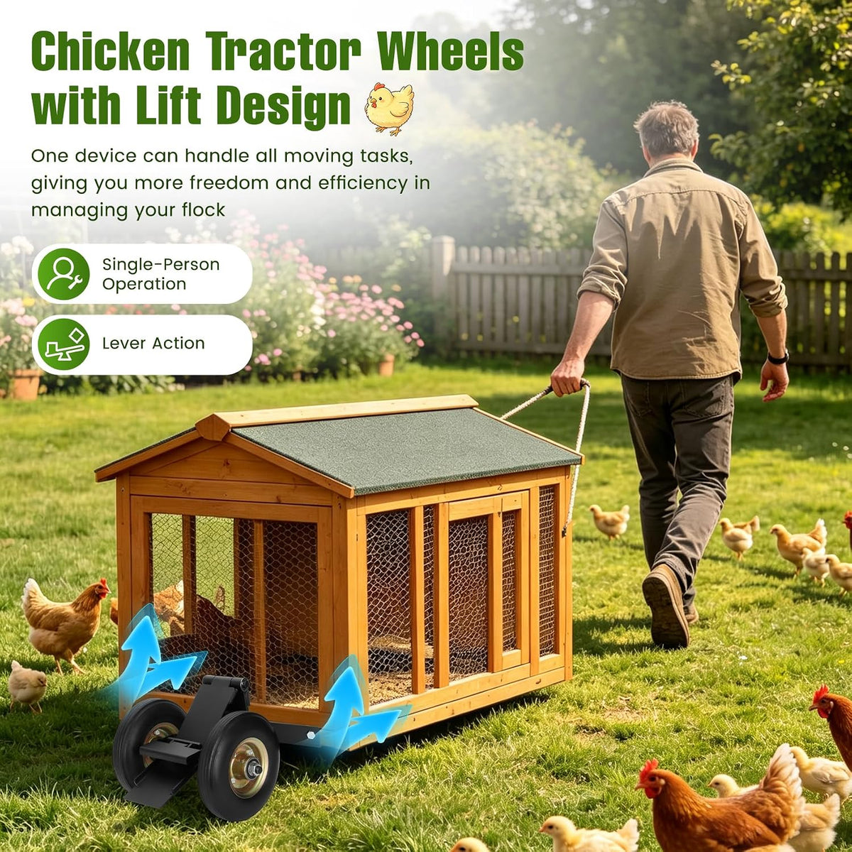 Chicken Coop Wheel Kit, Heavy Duty Chicken Tractor Wheels with Lift System