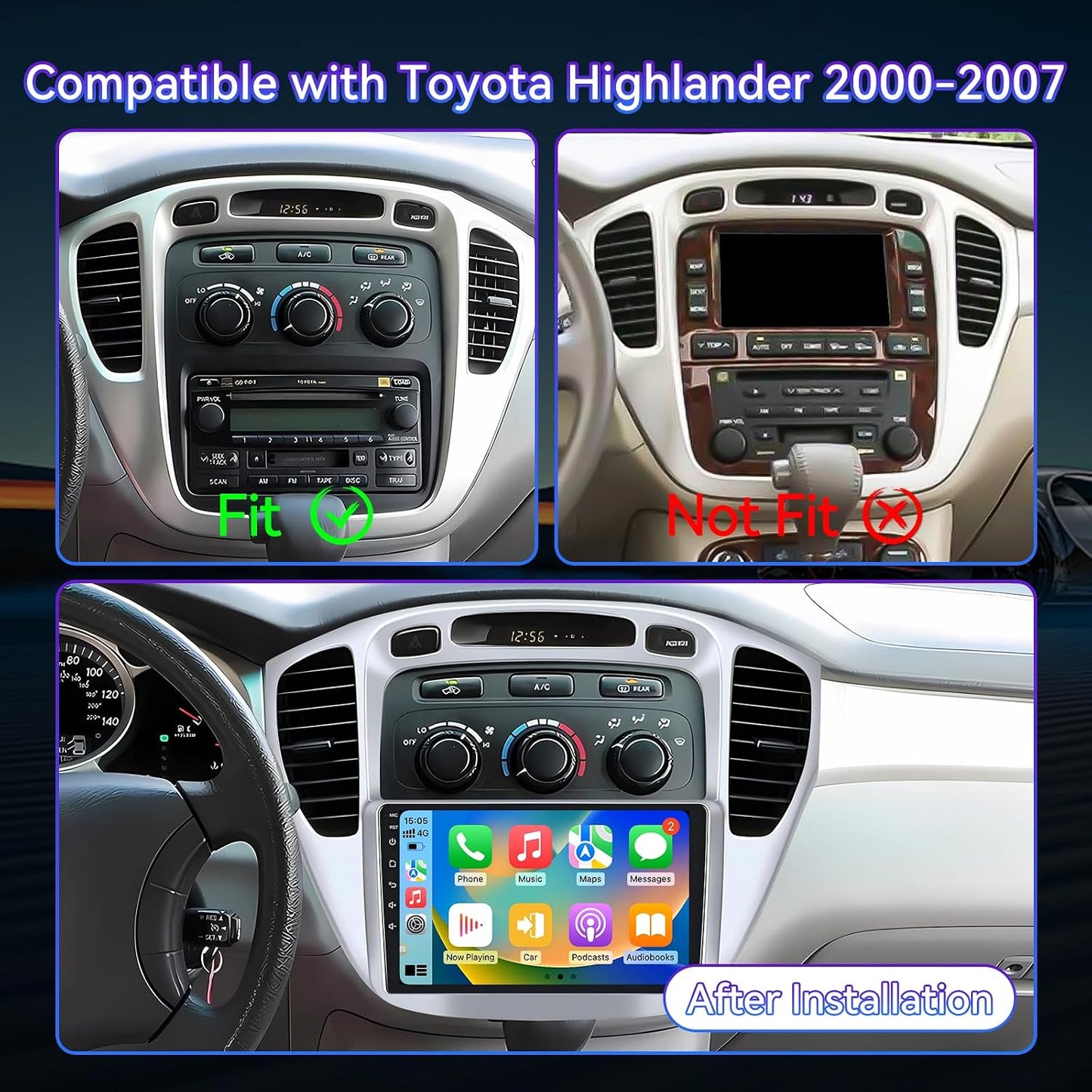 9 Inch Car Radio Compatible with Toyota Highlander 2000-2007, Android 13 Touch Screen Car Stereo Wireless CarPlay GPS Navigation WiFi BT FM Mirror Link SWC with Reverse Camera 2+64GB