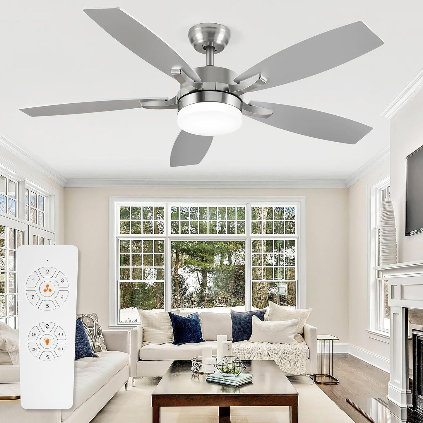 Ceiling Fans with Lights, 52 Inch Silver Ceiling Light with Fan and Remote Control, Quiet 5 Blades 4 Timer 6 Speeds