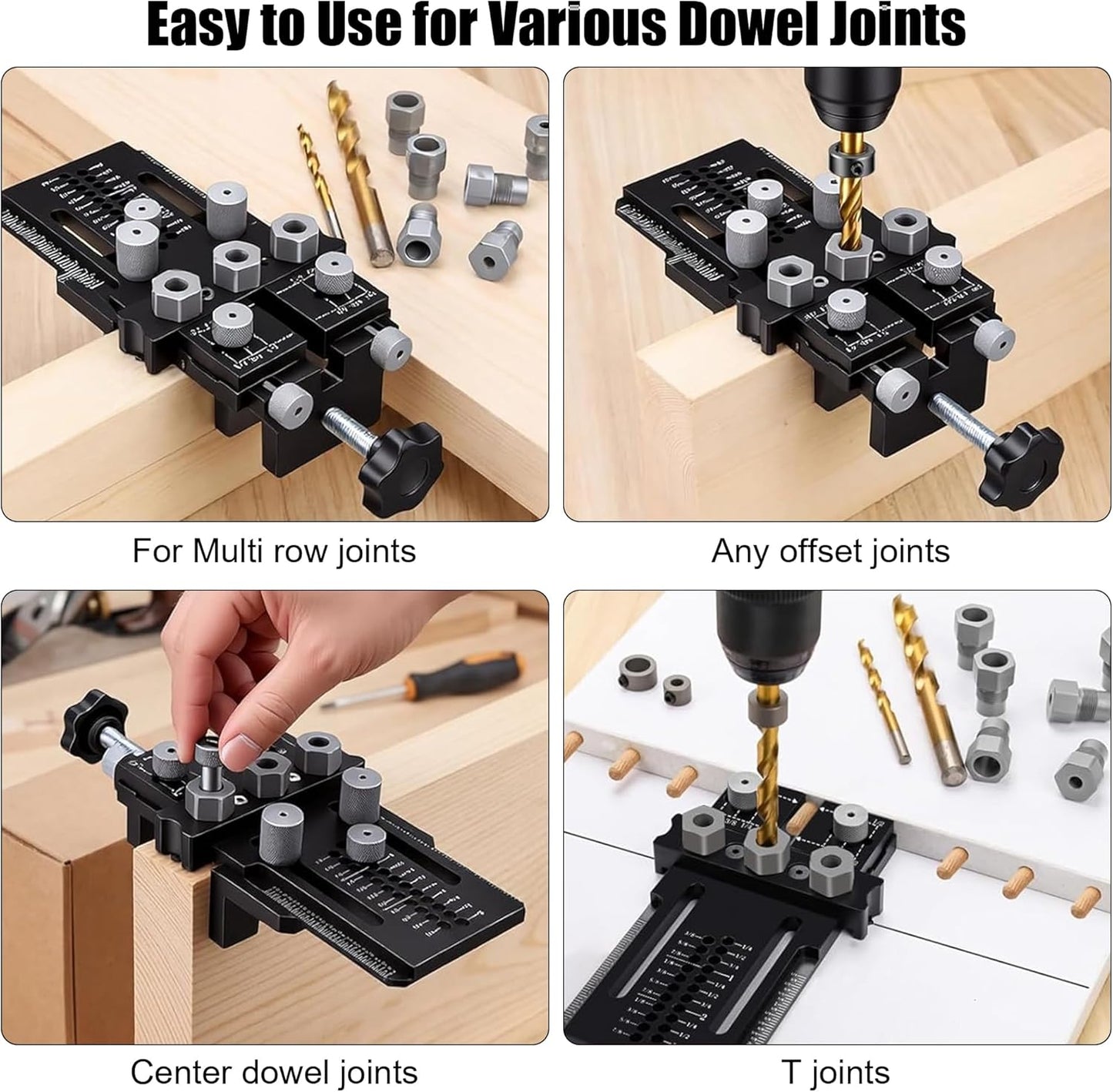 Dowel Jig Kit with Quick Positive Stop and Clamp, Precision Adjustable Doweling Jig for Drill 1/4, 3/8 and 1/2 Inch Accurate Straight Dowel Holes, fit Any Thickness Wood Joints, for Furniture, Cabinet Black