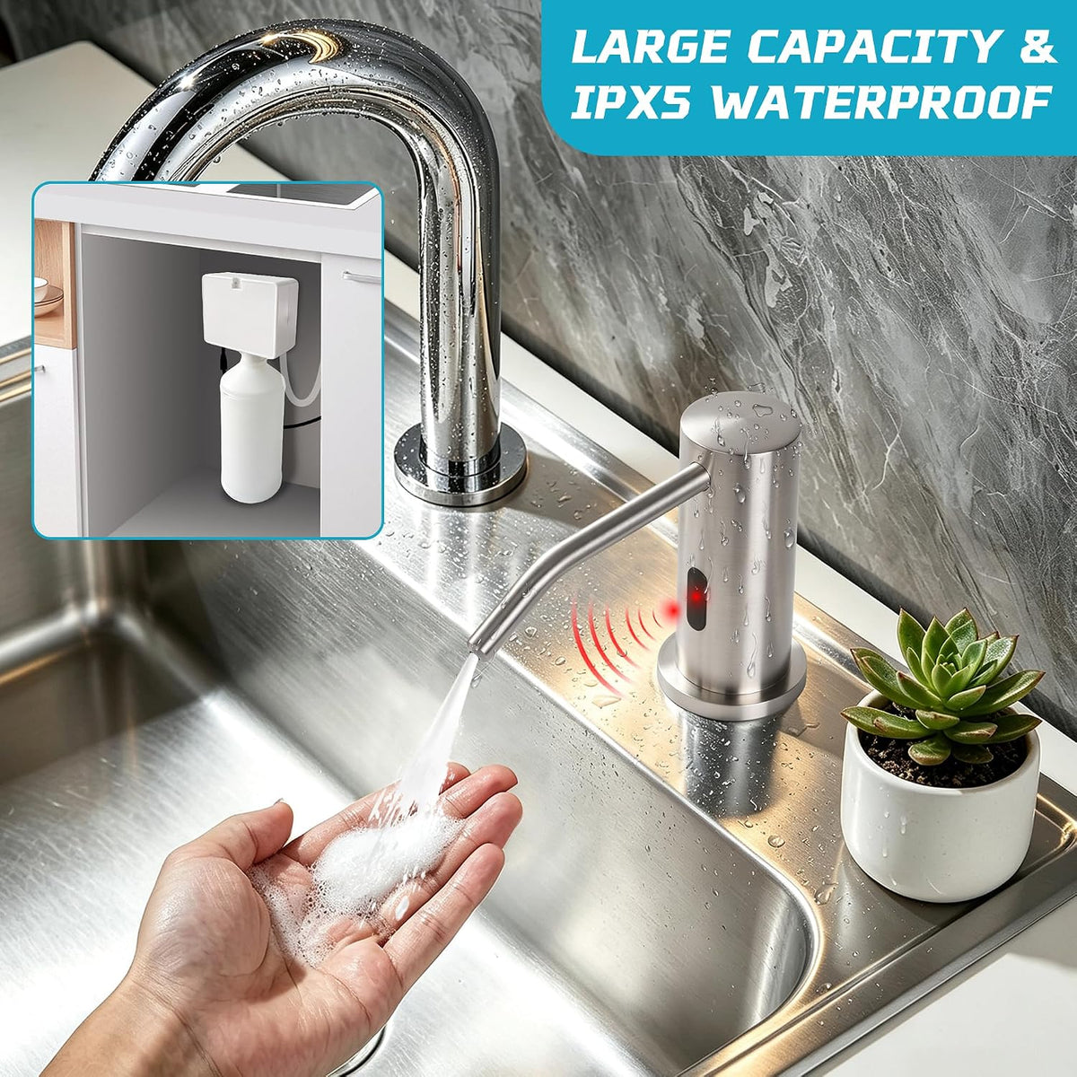 Automatic Soap Dispenser Touchless, USB Rechargeable 1000ml Electric Soap Dispenser, IPX5 Waterproof Smart Sensor Hand Soap Dispenser for Bathroom Kitchen Sink with Bottle and Pump Brass